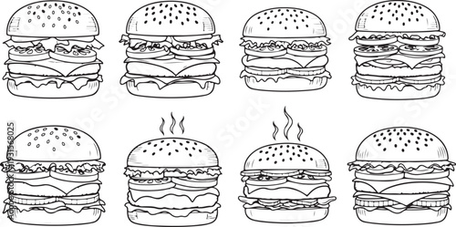 A variety of detailed line drawings of different types of hamburgers isolated on transparent background
