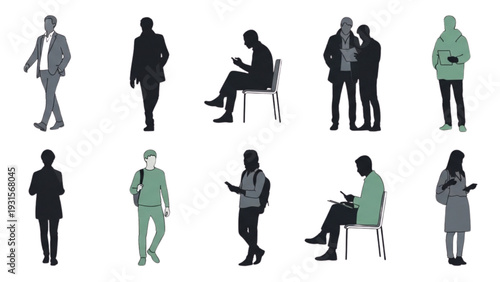 Diverse professionals interacting in various settings and poses in a modern office environment from a straightforward viewpoint