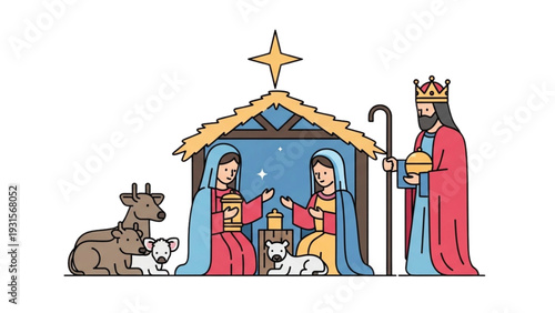 Nativity scene with Mary, Joseph, and the baby Jesus in a manger surrounded by animals and a wise man