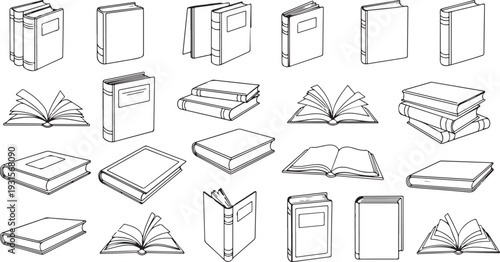 A diverse collection of books and notebooks in various styles and formats isolated on transparent background