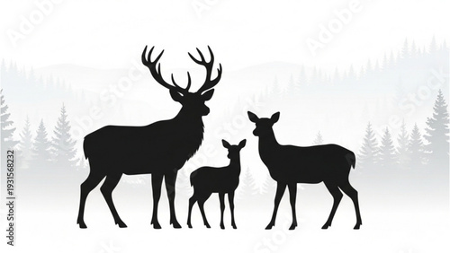 Family of deer grazing together in a serene forest landscape viewed from the side