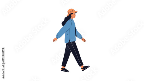 Woman walking alone outside wearing casual clothes and a hat, viewed from the side
