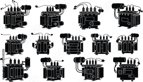 Black silhouette collection of industrial electric power transformers featuring high voltage electrical equipment, utility infrastructure, and energy distribution hardware icons.