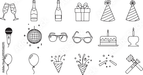 Assorted items for a festive celebration including food, drinks, and decorations isolated on transparent background
