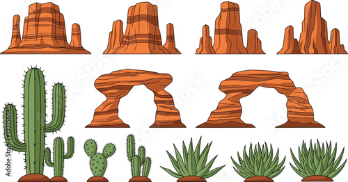 Desert landscape vector set with canyon rock formations, sandstone arches, cacti and succulents isolated on white background, cartoon western nature illustration collection