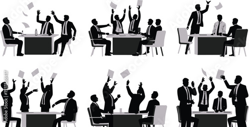 Business meeting silhouette collection with office team discussion and conflict scenes, corporate people vector set isolated on white background