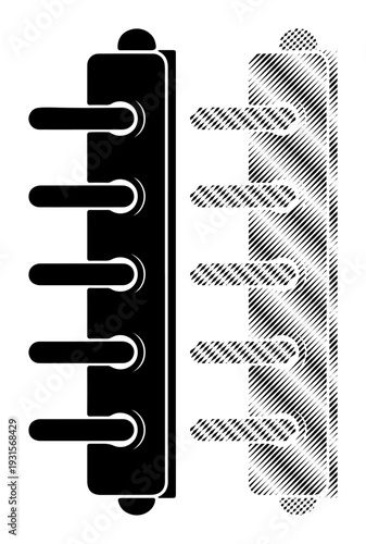 Modern black door handles on a vertical panel, contrasted with a hatched outline.