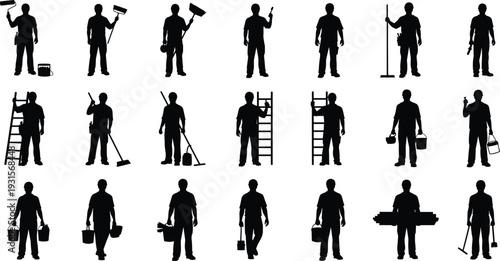 Handyman and construction worker silhouette collection isolated on white background, home repair and maintenance set featuring tools, ladder, paint roller, and equipment