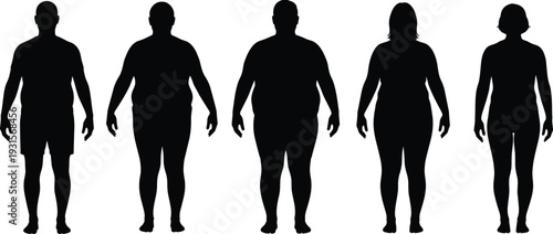Human body silhouette set showing different male and female body types, front view black figures isolated on white background, anatomy diversity concept