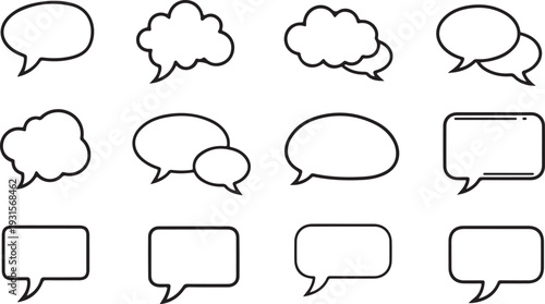 A collection of various speech bubble and thought bubble shapes in a line art style isolated on transparent background