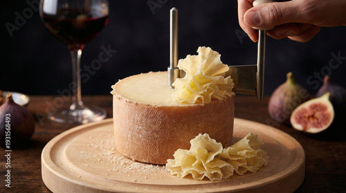 Tête de Moine Cheese Shaved into Rosettes on Wooden Board