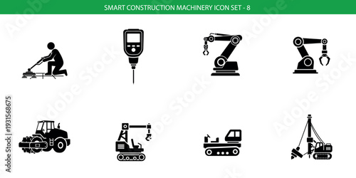 Construction equipment icon set featuring excavators cranes drill and more