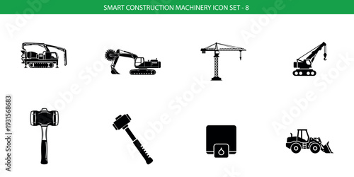 Construction equipment icon set including excavator crane bulldozer and more