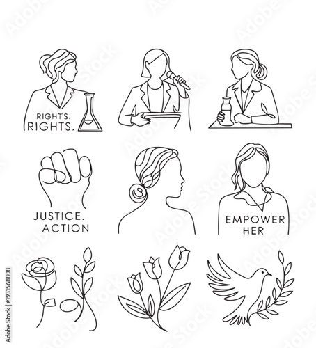 Line of women in roles with empowerment symbols and flowers line women rights justice