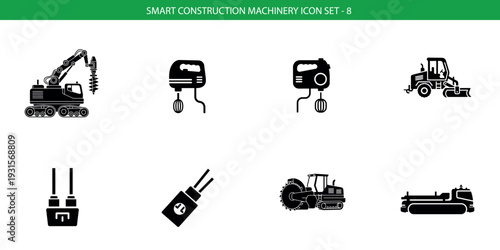 Construction equipment icon set vector graphics for building and heavy machinery