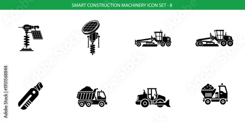 Construction equipment icon set including excavator drill crane bulldozer and more