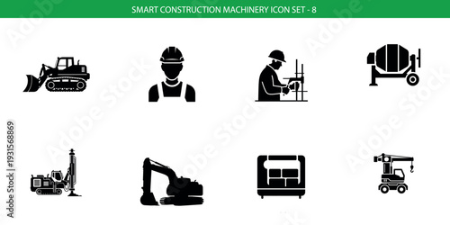 Construction equipment icon set including excavator bulldozer crane wheelbarrow and more