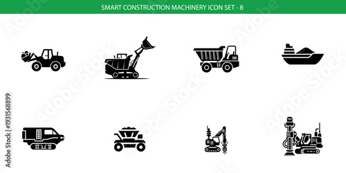 Construction equipment icon set including trucks excavators cranes and more