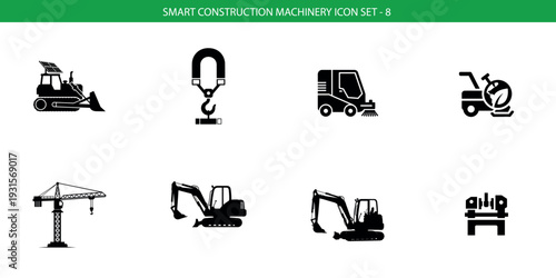 Construction equipment icon set including excavators cranes and bulldozers