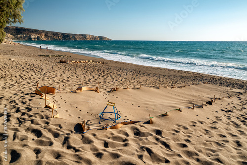 Canvastavla Multiple Caretta caretta turtle nests protected on Kalamaki beach Crete Greece L