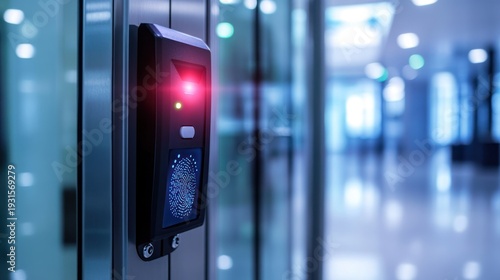 Modern biometric access control terminal mounted on a glass door.  A fingerprint scanner illuminates with a red light, verifying authorization.  Modern security system in a modern office building