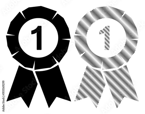 Two "1" award ribbons, one solid black and one with a striped pattern, representing first place achievements.