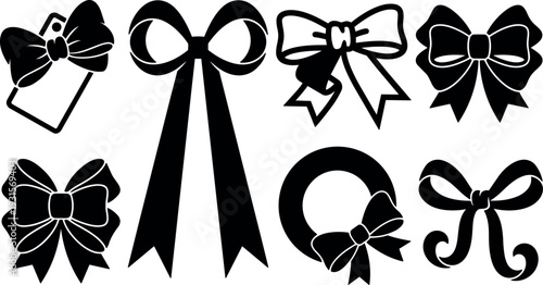Vector bow icon set eight decorative ribbon bows flat design black silhouettes various angles close up festive gift accents ornaments