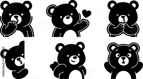 Flat design kawaii bear icon set six poses close up waving kissing peeking holding heart simple black silhouette cute stickers