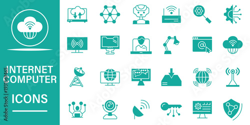 Internet computer solid icon set. Included icon as network, website, server, seo, software, processing, and more. Set of 24 icons related to computer. Flat vector illustration.