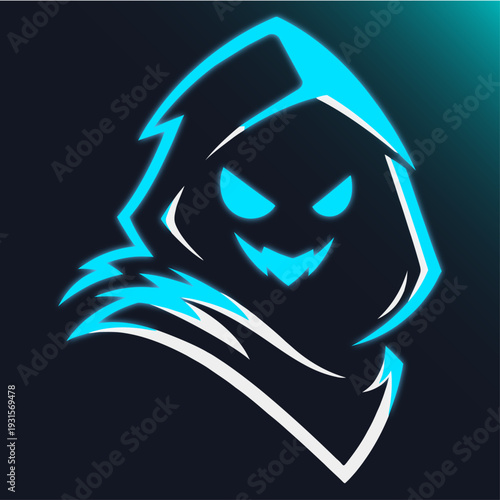 Glowing blue hooded figure with jackolantern face on dark background