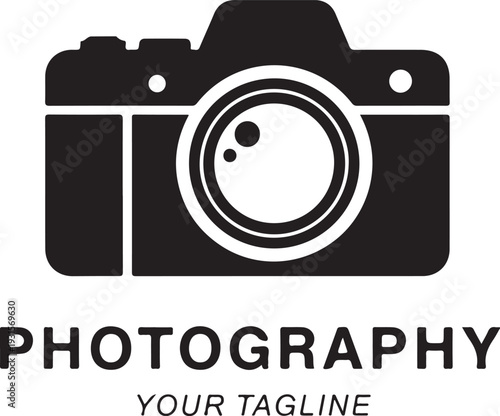 Black camera icon vector with photography text