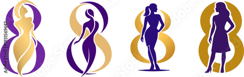 Set of four elegant International Women's Day logos featuring feminine silhouettes integrated with the number eight