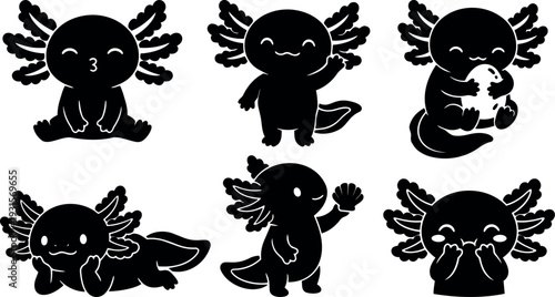 Cute flat design axolotl character set with six playful poses including hugging egg waving sitting lying and giggling in silhouette
