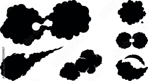 Vector smoke cloud silhouettes set with varied shapes trailing puff clusters circular bursts and ink blot effects isolated black stencils