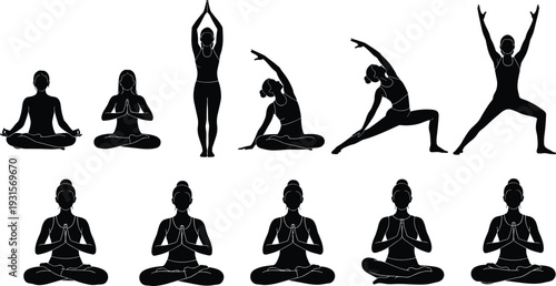 Black silhouette collection of various yoga poses featuring women practicing meditation, stretching, balancing, and sitting in lotus positions for wellness.