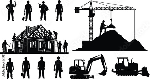 Black silhouettes of construction workers, house building site, heavy machinery, excavator, bulldozer, and tower crane isolated on a white background illustration.