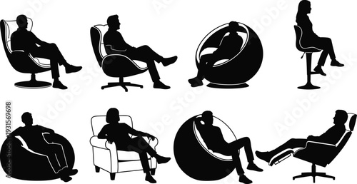 People sitting in modern chairs silhouette collection isolated on white background, relaxing men and women in armchair and lounge seat poses
