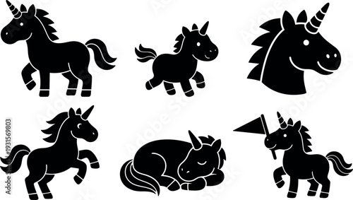 Silhouette flat vector unicorn icon set six poses including sleeping baby head profile running and party horn trotting smiling closeup