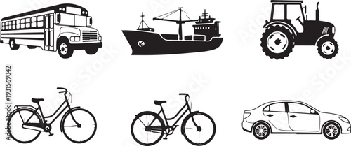 A diverse collection of vehicles including buses, boats, tractors, bicycles, and cars. isolated on transparent background