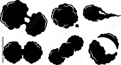 Flat vector smoke cloud silhouette set six shapes isolated on white bold graphic elements close up side view simple composition