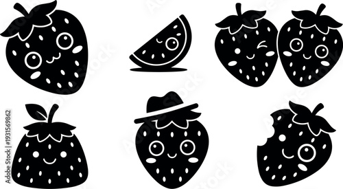 Flat kawaii vector set of six smiling strawberry icons with playful faces different angles close up and bite winking hat