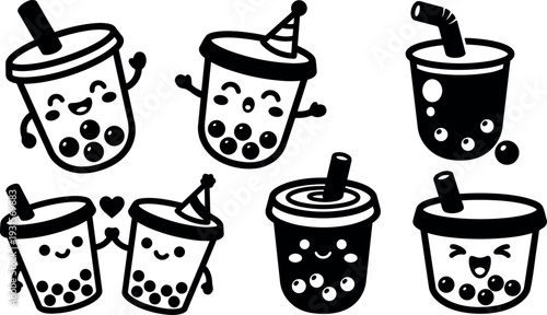 Kawaii vector art playful boba cup characters smiling winking holding hands party hats close up black and white cute faces