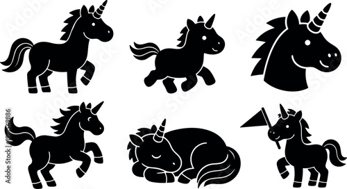 Flat design set of six unicorn icons including running sleeping head close up and flag holding pony in black silhouette
