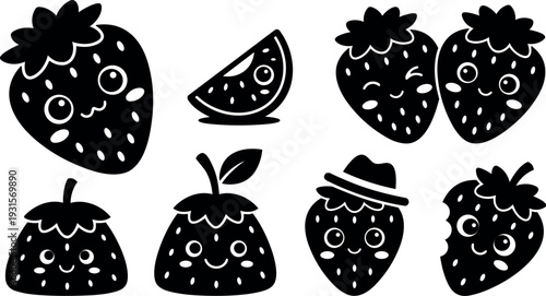 Kawaii vector icon set of smiling strawberry characters with slice and bitten fruit various expressions flat design cute faces playful