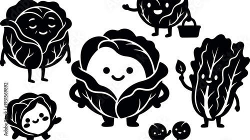 Whimsical kids doodle close up smiling cabbage characters waving and holding basket with two peas playful black silhouette vector art