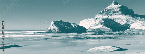 Teal halftone mountain seascape wall art poster with coastal landscape. Monochrome duotone coastline, vintage texture effect. Mountains on the sea coast. Snowy cliffs, rocks and horizon.