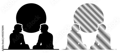 Silhouettes of people in meditative poses contemplating a large circle