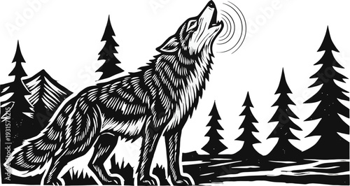 Black and white vector illustration of a wild horse standing in the forest and mountains