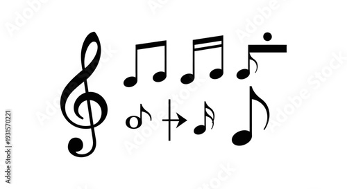 musical notation symbols treble clef and various music notes illustrating music theory concepts for education and graphic design.