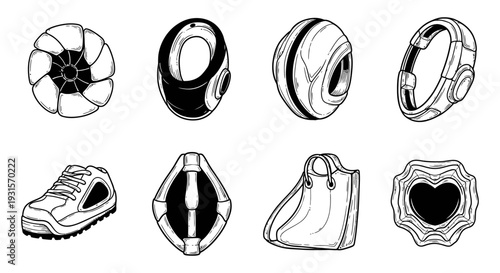 line art illustrations of diverse modern icons and symbols showcasing technology fashion and everyday items for graphic design projects